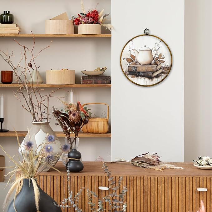 Mcehtle Vintage Fall Wall Art Decor, Rustic Autumn Teapot Books Maple Leaf Framed Canvas Prints 10x10, Cozy Fall Round Wall Hanging Artwork Decorations for Kitchen Bedroom Living Room Home