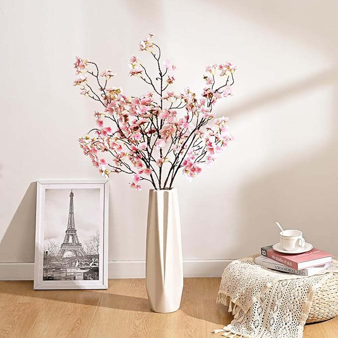 Sunm Boutique Faux Cherry Blossom Branches, Artificial Cherry Blossom Stems Cherry Blossom Flowers Vase Arrangements for Wedding Home Party Kitchen Decor, Light Pink, Set of 3