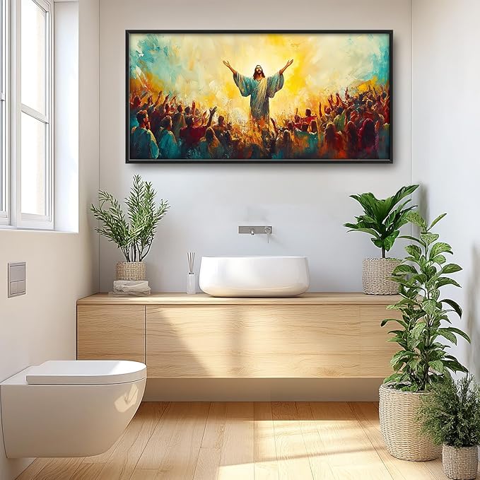 Flintis Large Christian Jesus Framed Wall Art Christ Jesus Pictures Wall Decor Abstract Religion Portrait Canvas Painting Print Artworks Framed for Living Room Bathroom Master Bedroom 60L X 30W