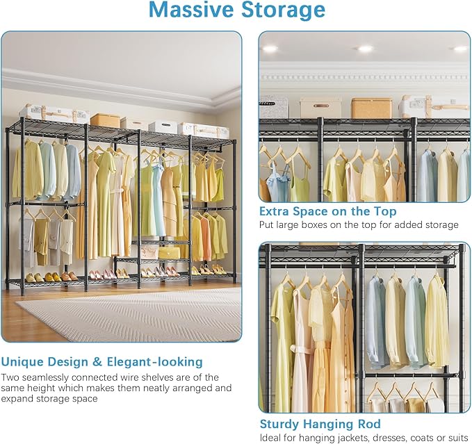 VIPEK V40 Plus Extra Large Clothes Rack Heavy Duty Clothing Rack for Hanging Clothes, Multi-Functional Closet Organizer System Freestanding Wardrobe Closet for Bedroom, Max Load 1300lbs, Black