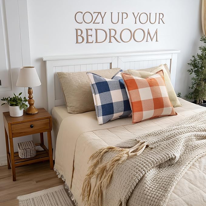 decorUhome Farmhouse Gingham Buffalo Plaid Check Throw Pillow Covers 24x24 Set of 2, Outdoor Fall Linen Decorative Pillow Covers with Stitched Edge for Bed Couch Sofa, Orange and White