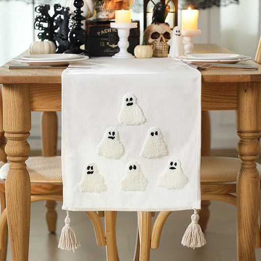 Breling Halloween Ghost Table Runner Jacquard Cute Ghost Halloween Dinner Table Runner Fall Autumn Kitchen Dining Decoration for Kitchen Farmhouse Holiday Party Home Decor 13x72 Inch(Beige)