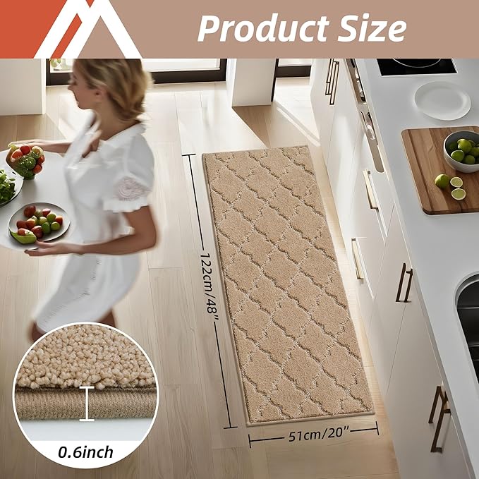 COSY HOMEER-Kitchen-Rugs 20"x48" Non-Slip Absorbent Soft Kitchen Runner Rug Polyester Kitchen Mats for Floor Washable Kitchen Standing Floor Mat for Sink Mat,Hallway,Laundry, Beige
