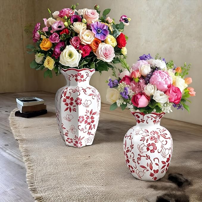 Chinoiserie Vase,Red and White Vase,Vintage Ceramic Vases,Flower Vase for Centerpiece,Chinese Cute Vases for Living Room, Office,Home Decor (Red White, Small)