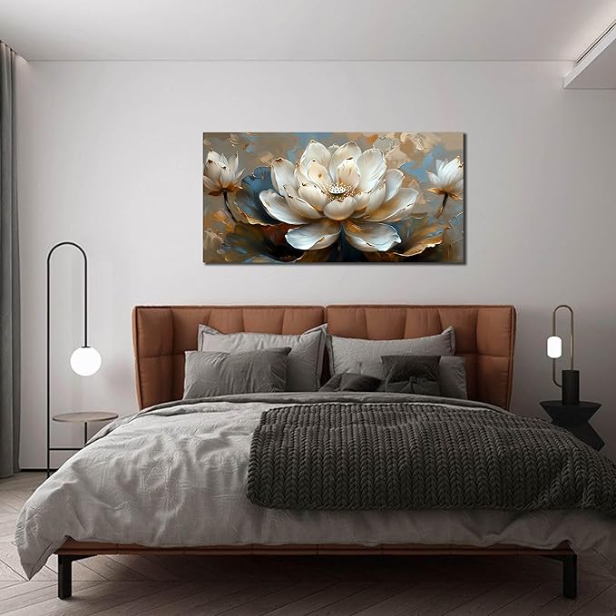 White Flower Wall Art for Living Room - Gold Paintings Wall Art for Office - Bedroom Pictures Wall Decor for Women Size 20" x 40"
