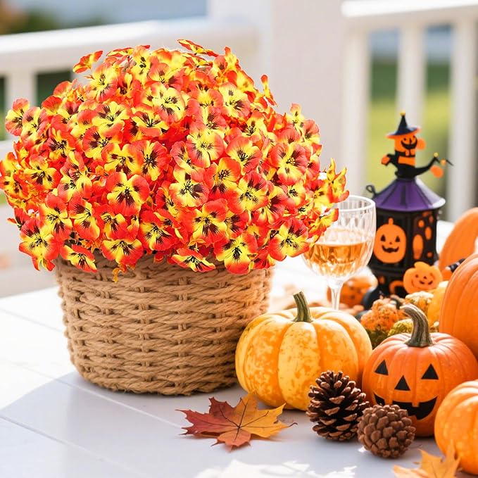 16 Bundles Artificial Fall Flowers for Outdoors, Realistic No Fade Fake Silk Flowers, Faux Fall Plants for Outside Planters, Porch, Patio, Garden Decor(Sunset)