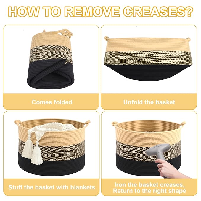 Laundry Basket,20''x13''Woven Cotton Rope Laundry Hamper,Blanket Basket for Living Room;Toy Storage Basket for Organizing;Baby basket;Nursery Hamper,Clothes Hamper for kids(Yellow/Black)