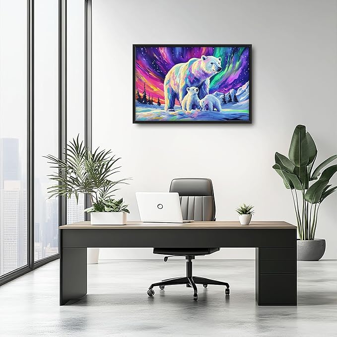 Polar Bear Large Wall Art for Living Room Framed, White Bear Wall Decor Pictures, Aurora Canvas Print Painting, Aesthetic Artwork Bedroom Office Home Decor 36"x24"