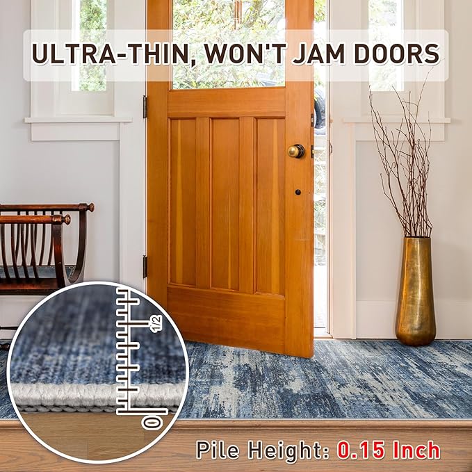 Machine Washable Area Rugs 2x3: Small Entryway Rug with Non Slip Backing Non Shedding Stain Resistant Abstract Carpet for Living Room Bedroom Kitchen Laundry Under Dining Table - Beige/Blue