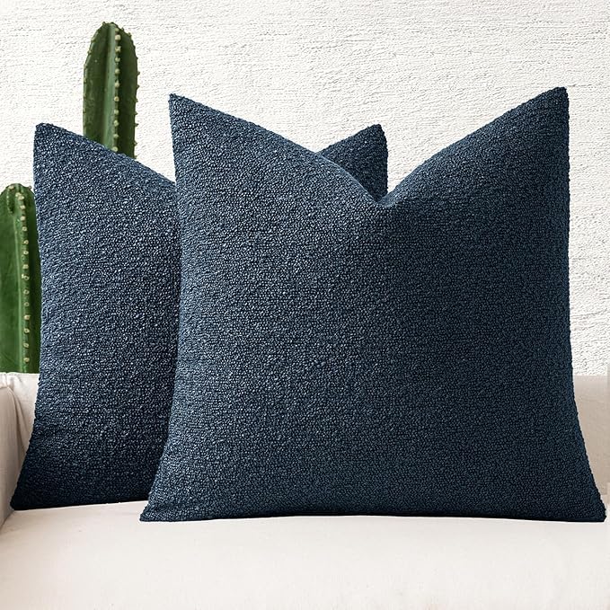 MIULEE 20x20 Inch Decorative Pillow Covers for Couch Bed Set of 2 Textured Boucle Neutral Throw Pillows Navy Blue Accent Solid Cushion Pillowcase Cozy Soft Sofa Livingroom Home Decor