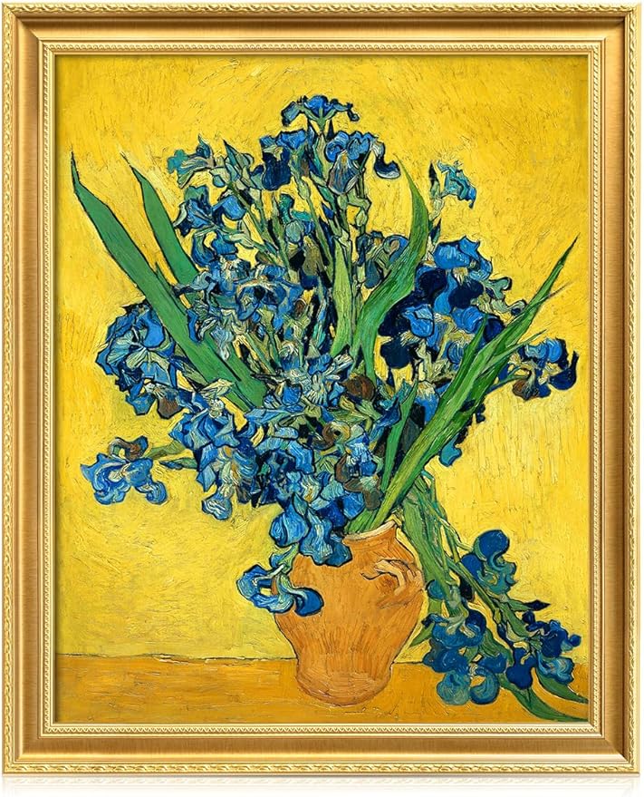 DECORARTS - Vincent van Gogh's Irises in a Vase, Museum-Quality Giclee Canvas Print in Gold Solid Wood Frame, 34.75 x 28.75 in, Ready to Hang, Made in USA