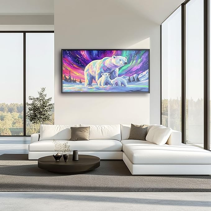Polar Bear Large Wall Art for Living Room Framed, White Bear Wall Decor Pictures, Aurora Canvas Print Painting, Aesthetic Artwork Bedroom Office Home Decor 60"x30"
