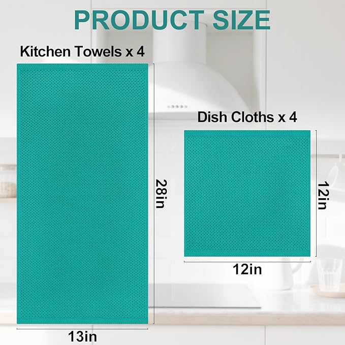 Homaxy 100% Cotton Kitchen Towels and Dishcloths Set, 12 x 12 Inches and 13 x 28 Inches, Set of 8 Bulk Kitchen Towels Set, Ultra Soft Absorbent Dish Cloths for Washing Dishes, Teal