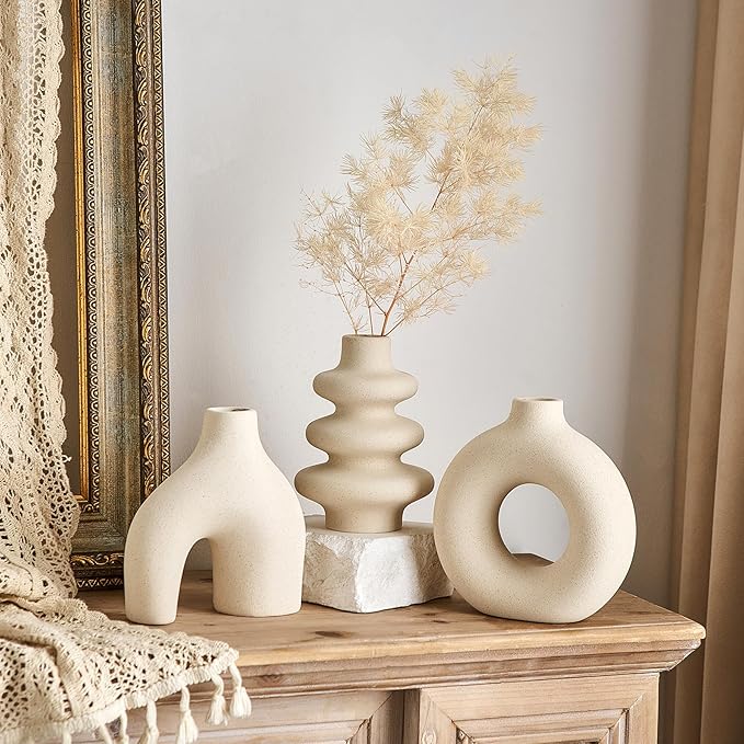 White Ceramic Vase Set of 3, Modern Boho Vases for Home Decor, Small Flower Vases for Pampas Grass, Round White Vases Centerpieces for Wedding Coffee Table Shelf Living Room Bedroom Entryway
