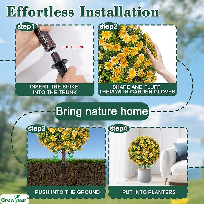 Fall Artificial Mum Topiary Ball with Spike Set of 2, Faux Boxwoods for Outdoor Planters, UV Resistant Artificial Outdoor Plants for Porch, Fake Bushes Round Shrub with Orange Yellow Mum