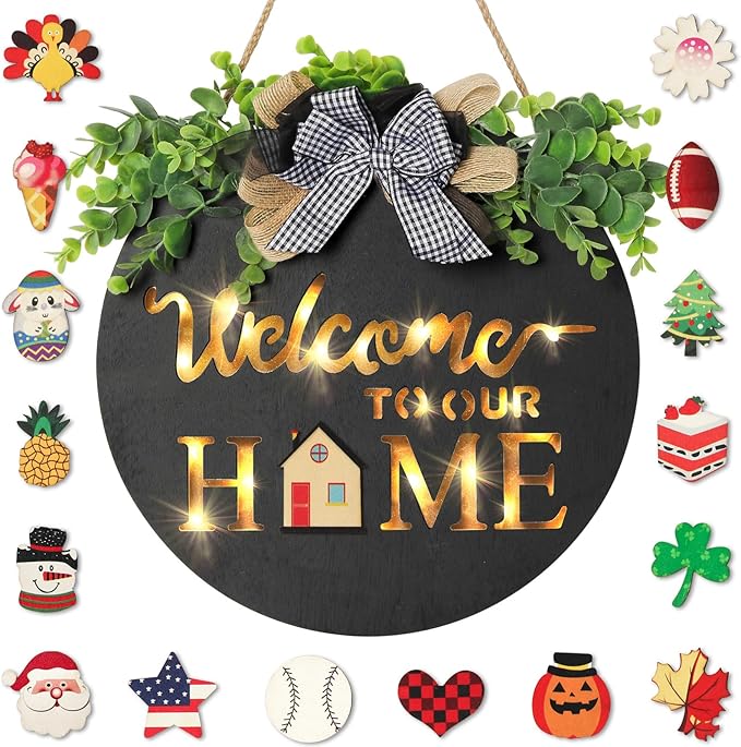 MIPON Welcome Sign for Front Door, Wall, or Porch Decor - Interchangeable Seasonal 17 Changeable Icons for All Seasons & Holidays (Spring, Summer, Fall, Winter, Easter, Christmas) - Black