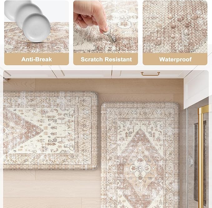 KIMODE Anti Fatigue Kitchen Mats for Floor, Farmhouse Kitchen Rugs Sets of 2, Cushioned Kitchen Floor Mats, Comfort Standing Mats for Sink Laundry Office Desk Khaki 20"x71"+20"x32"