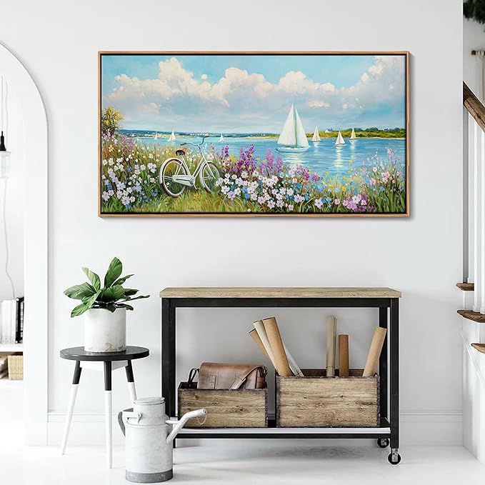 Pogusmavi Coastal Sailboat Wall Art Beach Pictures Landscape Flower Farmhouse Blue Paintings for Living Room Bedroom Decor Large Canvas Artwork Framed Prints Coastal Wall Art Prints20×40IN