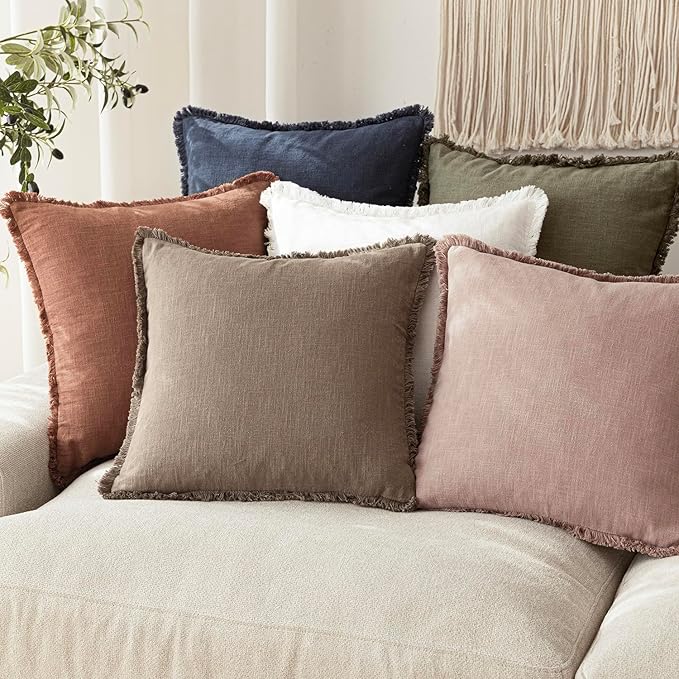 Foindtower Set of 2 Decorative Linen Fringe Lumbar Throw Pillow Covers Farmhouse Cushion Cover with Tassels Soft Accent Pillowcase for Couch Sofa Bed Living Room Home Decor,12×20 Inch,Dusty Pink