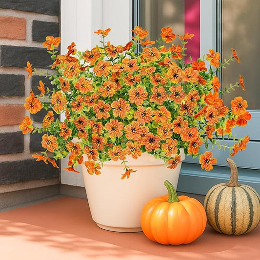 Agusbagli 10 Bundles Artificial Fall Flowers Outdoor UV Resistant Autumn Fake Flowers No Fade Faux Plastic Greenery Shrub Plants for Wedding Garden Window Box Fireplace Thanksgiving Home Decor, Orange