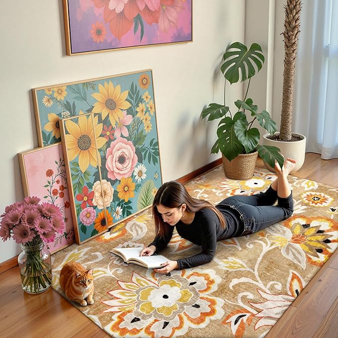 Lahome Floral Washable Living Room Carpet - 3x5 Throw Area Rug for Bedroom Non-Slip Lightweight Indoor Entryway Rugs, Tan Paisley Print Aesthetic Rug for Bathroom Laundry Dining Room Kithchen Office