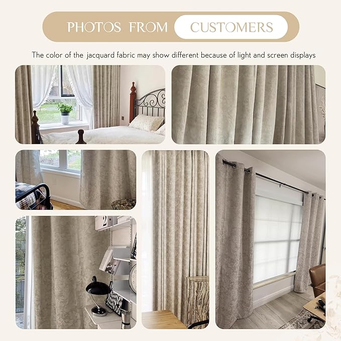 Beauoop Beige Floral Jacquard Blackout Curtains 96 Inches Long 2 Panels for Bedroom Living Room Taupe Flower Chenille Room Darkening Thermal Insulated Soundproof Grommet Window Treatments Drapes 52x96