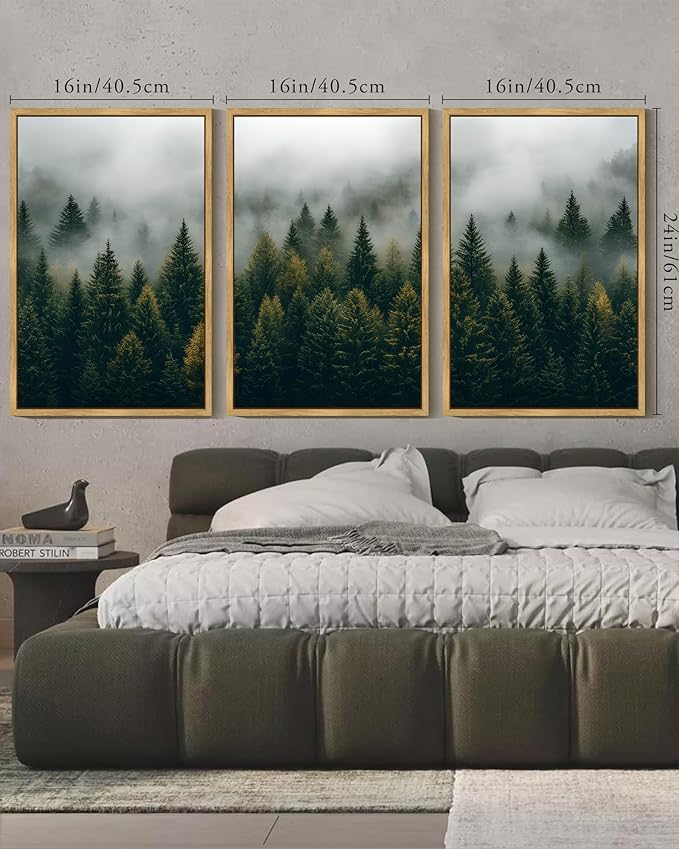 KUVIOKE Green Fog Pine Tree Landscape Framed Wall Art Nature Nordic Misty Forests Prints Morden Farmhouse Bedroom Living Room Ready to Hang 16x24in (Natural Framed)