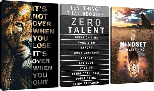 Motivational Canvas Wall Art Lion Inspirational Quote Wall Decor Zero Talent Poster Animal Picture Print Painting Modern Inspiring 3 Panels Artwork for Living Room Office Home Decor [72''Wx 36''H]