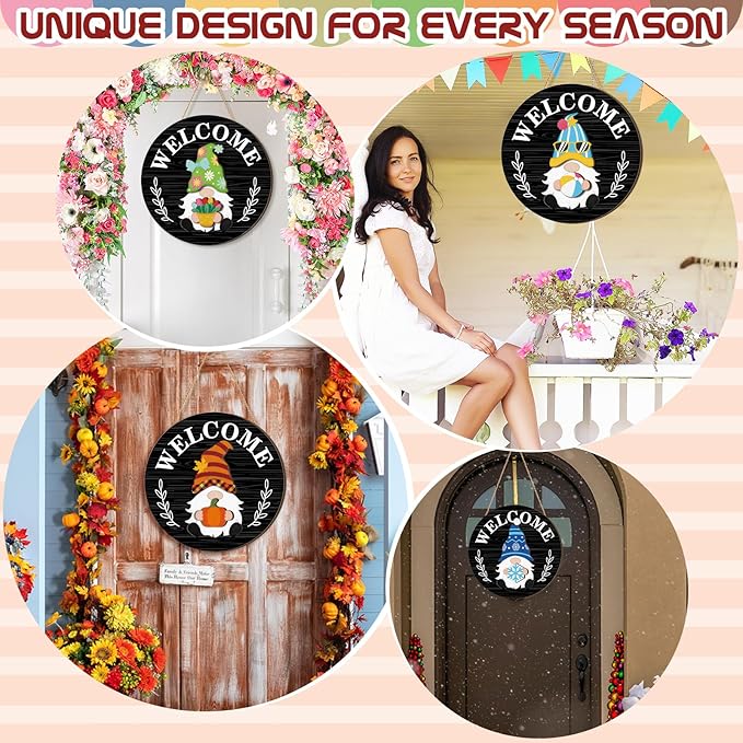 Qunclay Interchangeable Wooden Gnome Decor Holiday Seasonal Gnome Decorations with Magnet Pieces and Detachable Hats Changeable Welcome Sign for Home(Black Style)