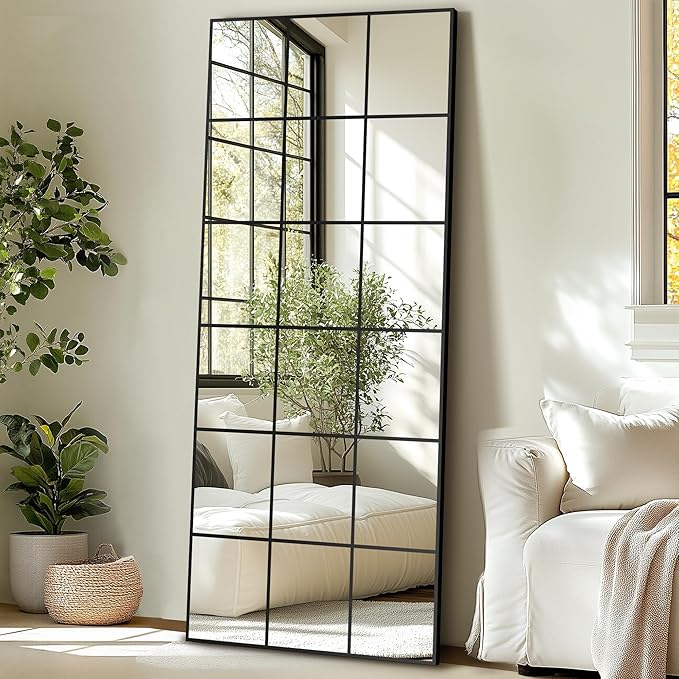 Delma Full Length Mirror, 28"x 55" Window Pane Decorative Mirror for Wall, Black Metal Framed Wall Decor, Wall Mounted, Hanging or Leaning for Bedroom, Living Room, Entryway