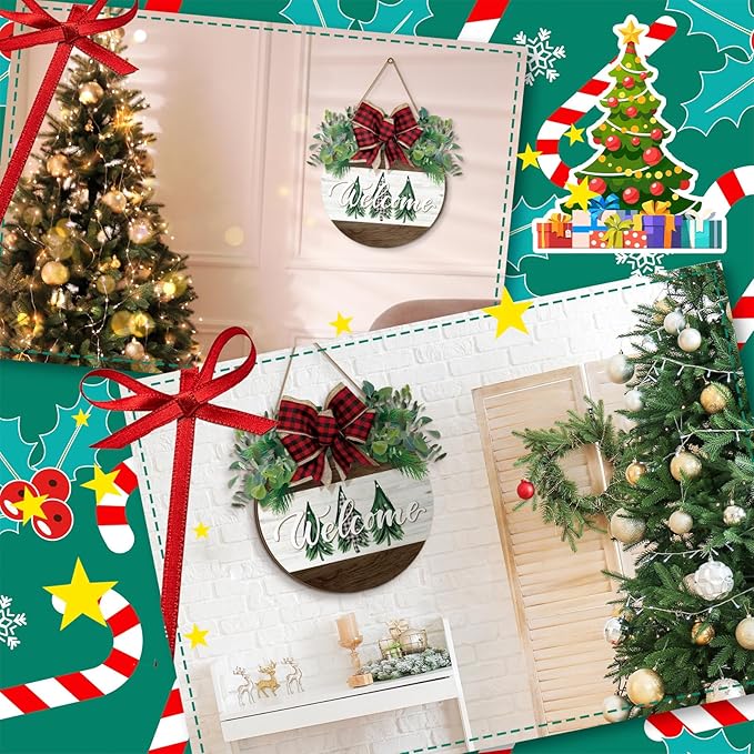 Boao Welcome Door Decoration Christmas Front Door Sign Christmas Tree Wooden Hanger with Bow Wreaths for Xmas Outdoor Farmhouse Porch Decor