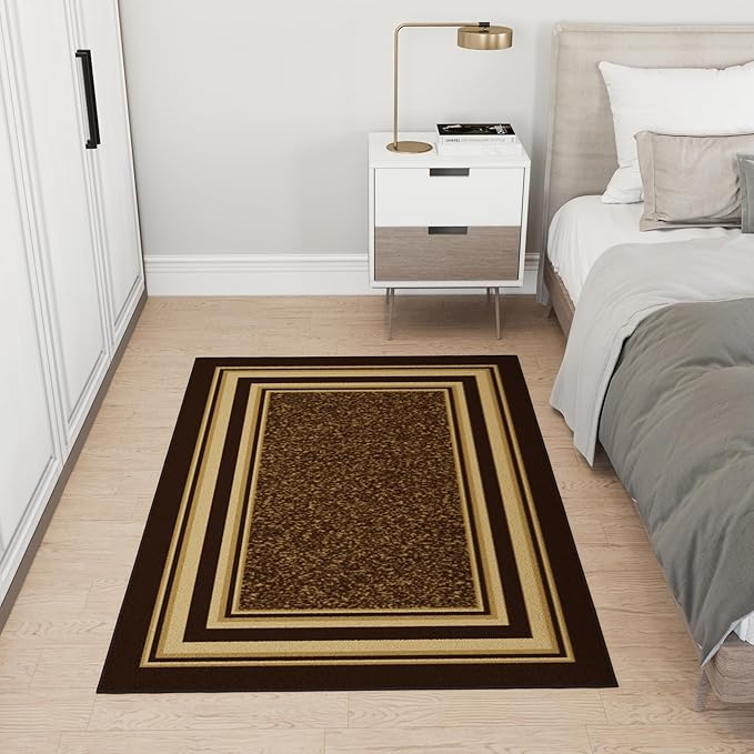 Ottomanson 3'3" x 5' Rugs for Living Room Border Area Rug for Bedroom - Non Slip Durable Large Floor Carpet for High Traffic Areas - Indoor Rug for Dining Room Kitchen Kids Playroom, Brown