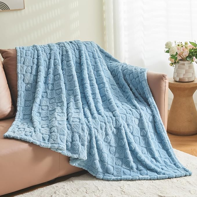 NEWCOSPLAY Super Soft Twin Blanket Blue Premium Silky Flannel Fleece 3D Heart Checkered Lightweight Bed Blanket All Season Use (Blue Heart, Twin(60"x80"))