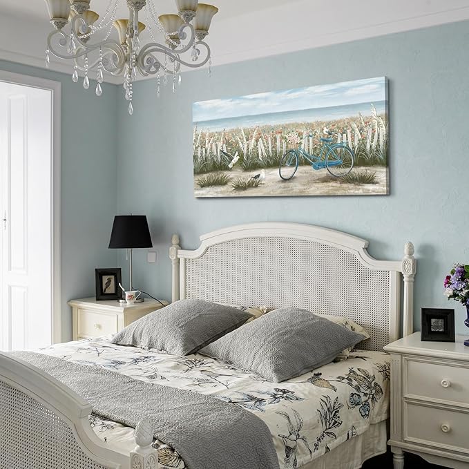 Canvas Wall Art for Living Room Boho Beach Coastal Floral Print Seaside Blue Bicycle with Pink Flowers Seagull Seascape Painting Seashore Wildflower Landscape Vintage Farmhouse Decor Artwork 48x24inch