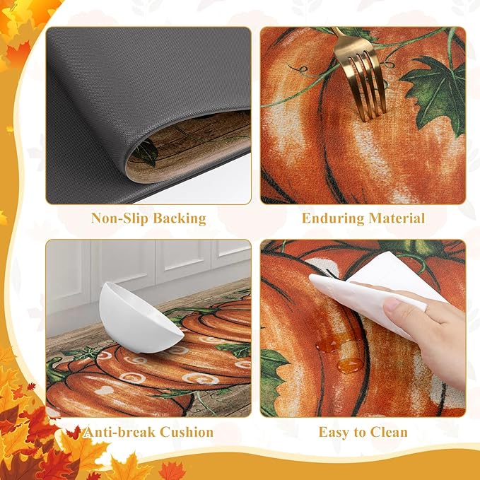 SHACOS Fall Anti Fatigue Kitchen Mats 2 Pcs Orange Pumpkins Wood Board Autumn Harvest Non Slip Cushioned Floor Mat for Kitchen Ergonomic Standing Mats Fall Decor, 17x27.5+17x47, Orange Pumpkins