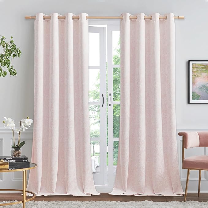 Beauoop Pink Floral Jacquard Blackout Curtains 63 Inches Long 2 Panels for Bedroom Living Room Chenille Flower Room Darkening Thermal Insulated Soundproof Grommet Window Treatments Drapes, 52x63