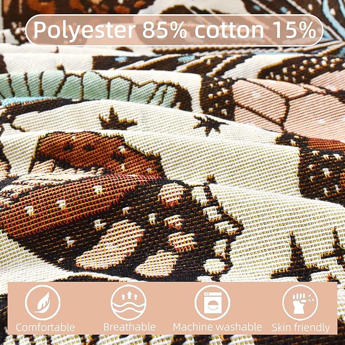 Boho Throw Blanket Reversible Cotton Bohemian Tapestry Hippie Room Decor Double Sided (Month Moth Print 50"x60")