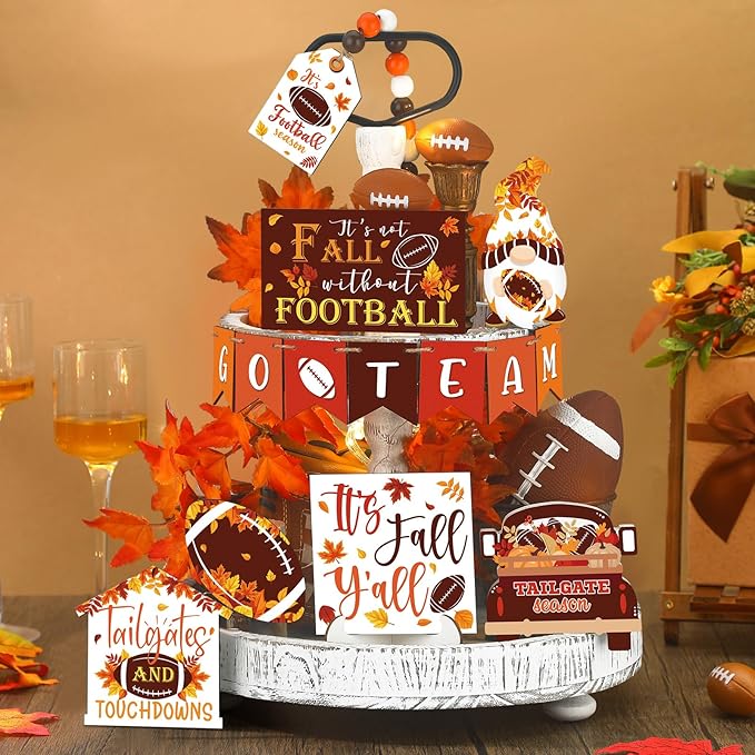 Sumind 15 Pcs Fall Tiered Tray Decor Set Fall Decorations for Home Autumn Wood Signs Thanksgiving Orange Brown Table Signs Farmhouse Wooden Maple Pumpkin Gnomes Tabletop for Festival(Football)