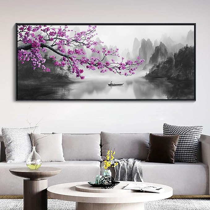 YDYSUNE Large Purple Wall Art Decor for Living Room Bedroom Framed Black and White Landscape Full Moon Purple Flower Painting Canvas Picture Plum Blossom Artwork for Home Office 70x31IN