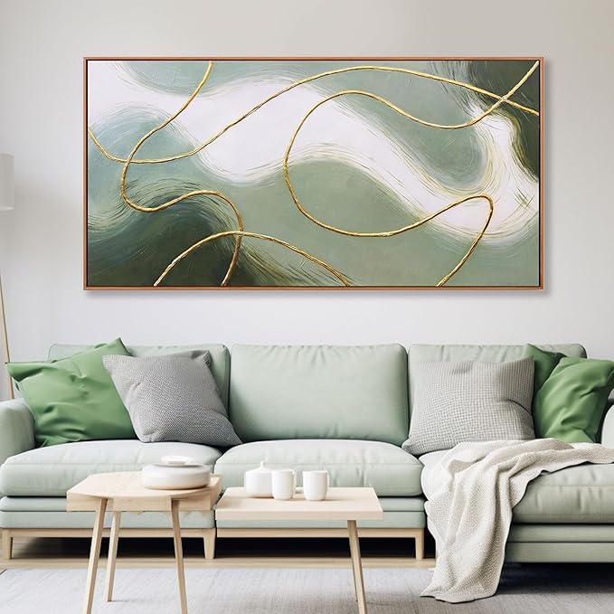Abstract Wall Art Minimalism Green White and Gold Lines Boho Canvas Wall Decor Framed Artwork Modern Home Wall Decor for Living Room Bedroom Office 29"x58"