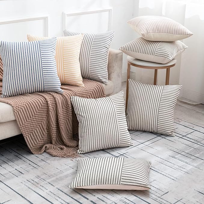 Farmhouse Pillow Covers 12x20, Modern Accent Lumbar Throw Pillow Covers Set of 2, Black and Beige Striped Patchwork Linen Decorative Pillows Cushion Covers for Couch Chair Bedroom Fall Decorations
