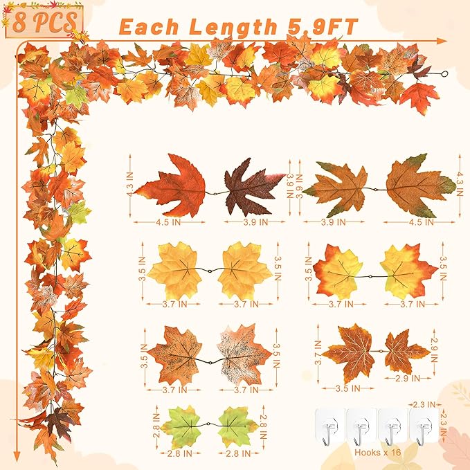 8 Pack Fall Garland Maple Leaf Clearance, Helifall1-8