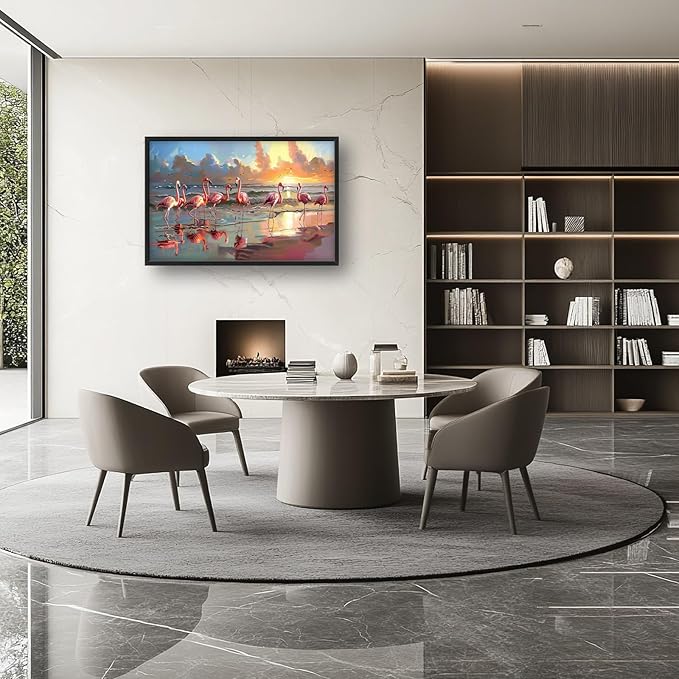 Flamingo Large Framed Wall Art Oversized Sea Coastal Beach Sunrise Pictures Wall Decor Seascape Canvas Print Painting Aesthetic Modern Artwork for Living Room Bedroom Office Bathroom Home Decor 36L"x24W"