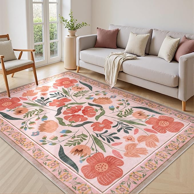 Beeiva Beige Area Rug 5x7, Soft Floral Room Rugs for Bedroom Non Slip, Ultra-Thin Low Pile Floor Flower Carpet for Classroom Nursery Girl Room Décor (Beige,5'x7')