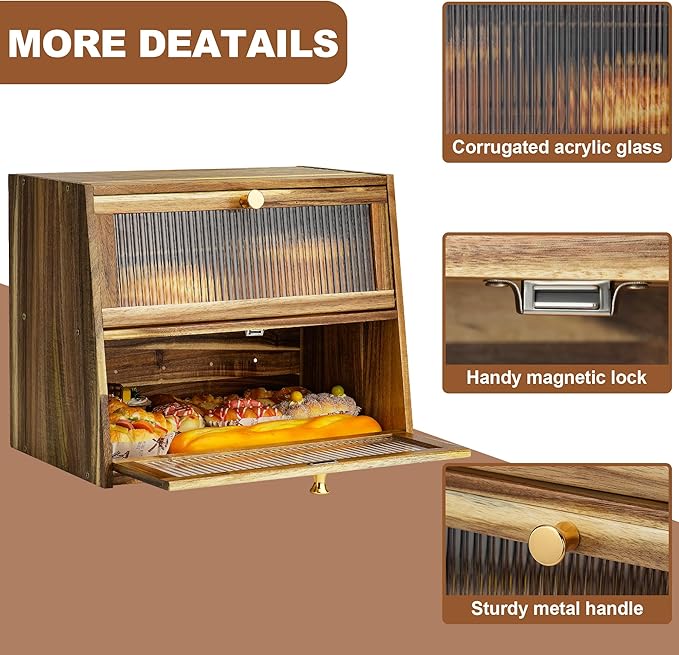 Acacia Wooden Bread Box for Kitchen Countertop,Extra Large 2 Layer Breadbox Holder Farmhouse Bread Storage Container Bread Bin Food Organizer Pantry Shelf Acrylic Window