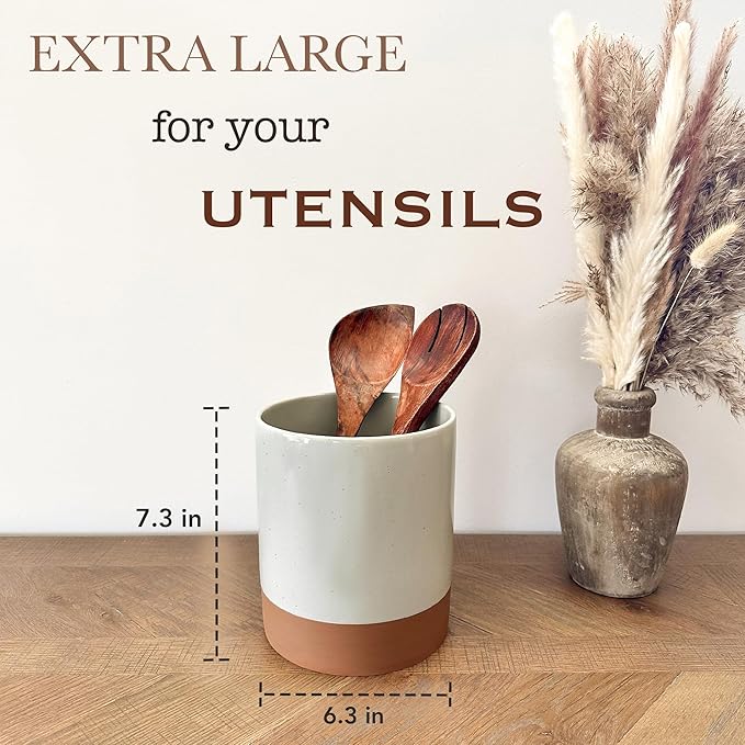Mora Ceramic Kitchen Utensil Holder - Wooden Spoon & Spatula Crock for Countertop, Modern Farmhouse Home Decor, Extra Large 7.3" Cooking Organizer for Stove Top and Counter - Heavy & Sturdy - Grey