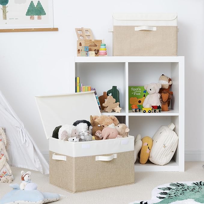 GRANNY SAYS Storage Boxes with Lids, Decorative Storage Bins, Shelf Baskets, Clothes Storage and Organization, White/Khaki, 2-Pack