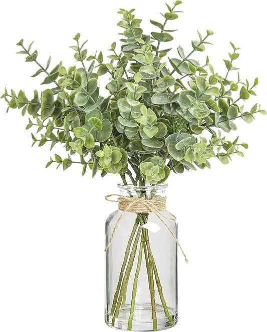 12" Artificial Eucalyptus Stems in Glass Vase with Faux Water, Realistic Eucalyptus Leaves Fake Plant Branch Greenery Decoration for Home Farmhouse Bathroom Kitchen Wedding Centerpiece Table Décor