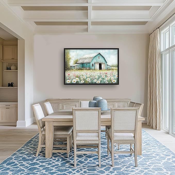 Farm Barn Large Wall Art for Living Room Framed, Farmhouse Wall Decor Pictures, Teal Barn Canvas Print Painting, Aesthetic Artwork Bedroom Office Home Decor 36"x24"
