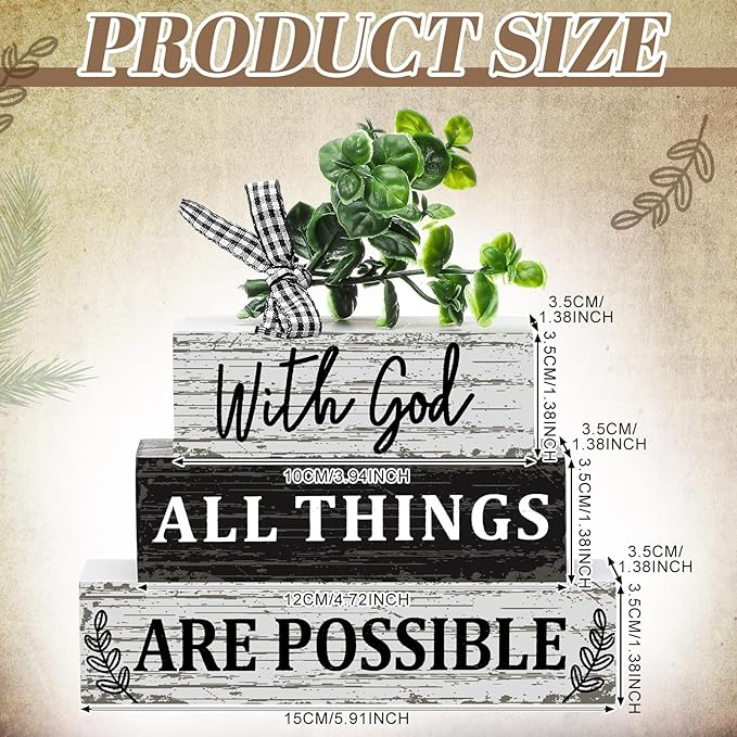 Geelin 4 Pcs Christian Wooden Sign Farmhouse Rustic Eucalyptus Leaves Wood Block Sign Table Centerpiece Religious Tiered Tray Decor Centerpiece Decor for Home Summer